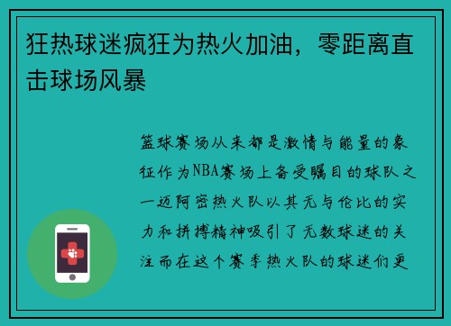 狂热球迷疯狂为热火加油，零距离直击球场风暴
